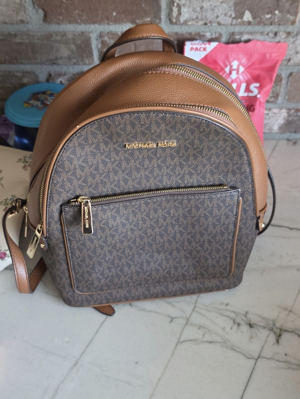 Michael Kors Brown Logo-Print Backpack with Tan Trim